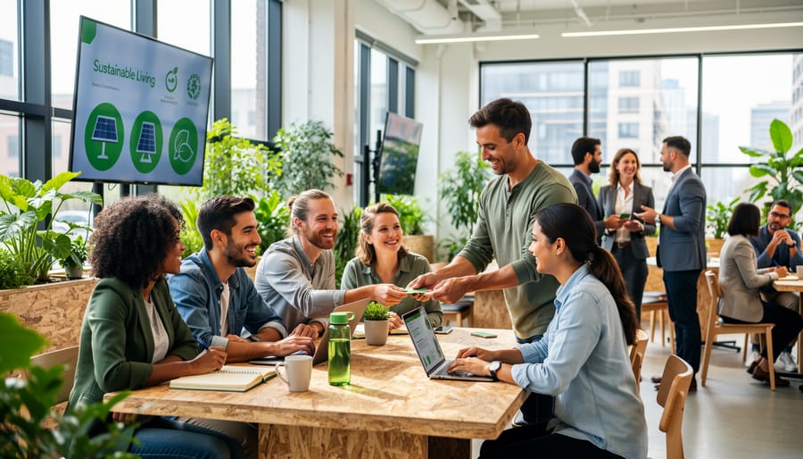 Two people shaking hands in eco-friendly office setting with plants