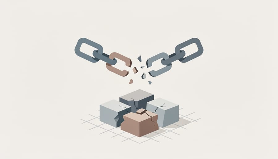 Broken metal chains on desk representing damaged link building strategies
