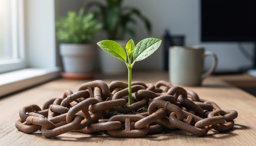 Green seedling emerging through rusty chains on a wooden desk under soft daylight, with blurred potted plants and a ceramic mug in the background, symbolizing a sustainable blog overcoming harmful PBN link tactics