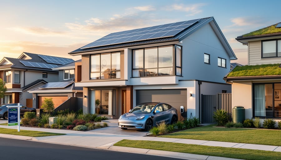 Modern home exterior featuring solar panels on roof and energy-efficient windows