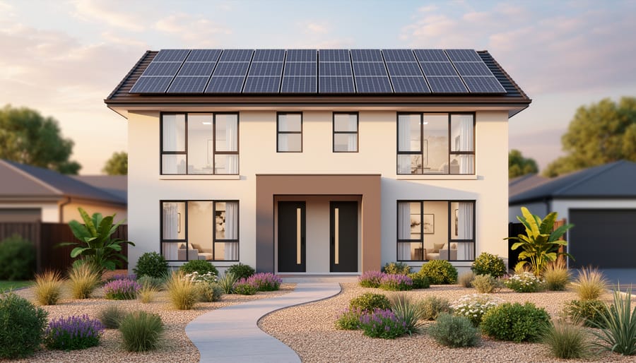 Contemporary suburban house at golden hour with rooftop solar panels, large energy-efficient windows glowing warmly, and a xeriscaped front yard of native drought-tolerant plants and gravel, with neighboring homes and trees softly out of focus.