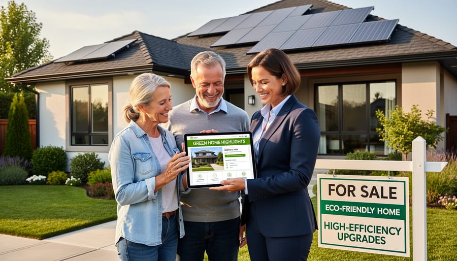 Real estate agent and homeowner discussing green home features documentation