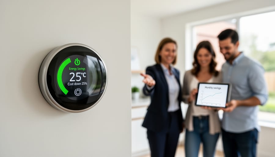 Person adjusting modern smart thermostat on home wall