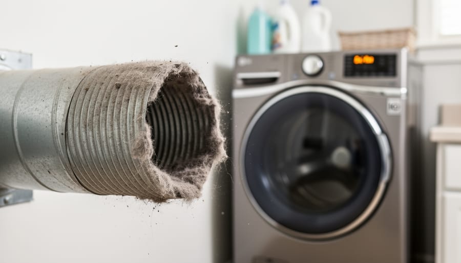 Close-up of dryer vent hose interior clogged with gray lint buildup