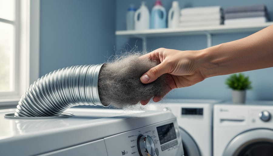 Close-up of a hand pulling gray lint from a flexible metallic dryer vent attached to a white dryer, with a softly lit laundry room blurred in the background.