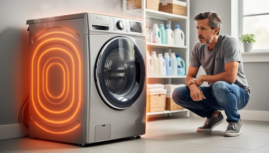 Person's hand near overheated dryer showing excessive heat during operation