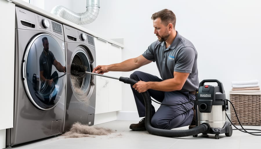 Professional technician cleaning dryer vent with specialized rotary brush equipment