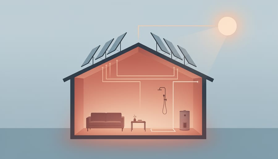 Person relaxing in a warmly lit living room near a radiator suggesting thermal comfort from solar heating