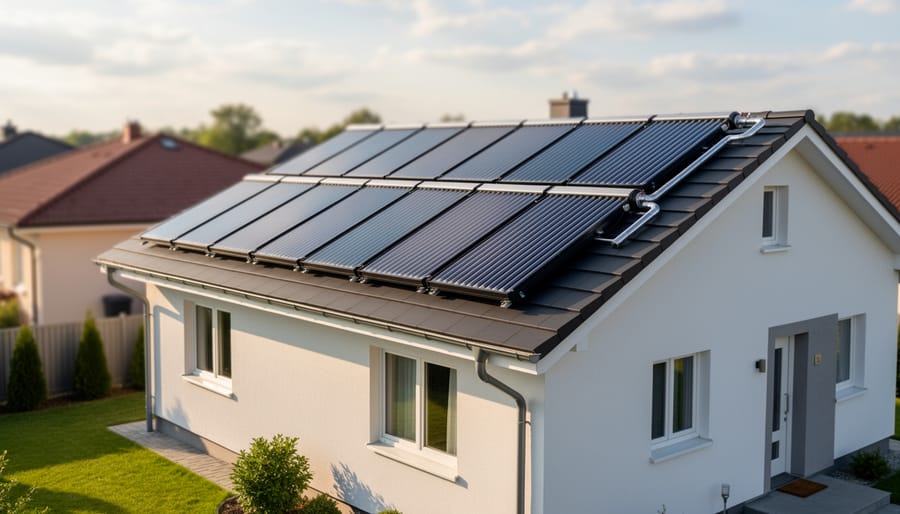 Solar thermal collectors installed on a modern home roof under morning sunlight