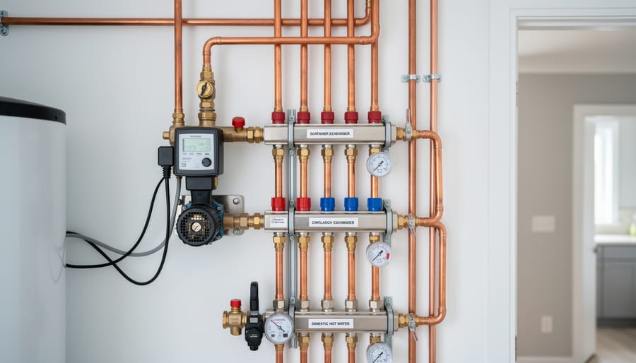 Close-up of a homeowner inspecting solar thermal hot-water piping with insulated copper components