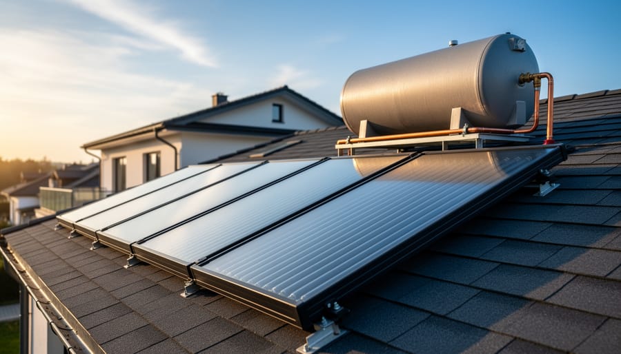 “Solar thermal collectors on a modern home rooftop with an insulated hot-water storage tank nearby under warm sunlight.”
