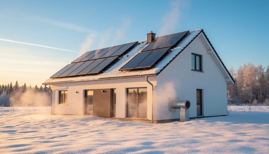 Solar thermal collectors outdoors in winter with sunlight and cold-weather conditions