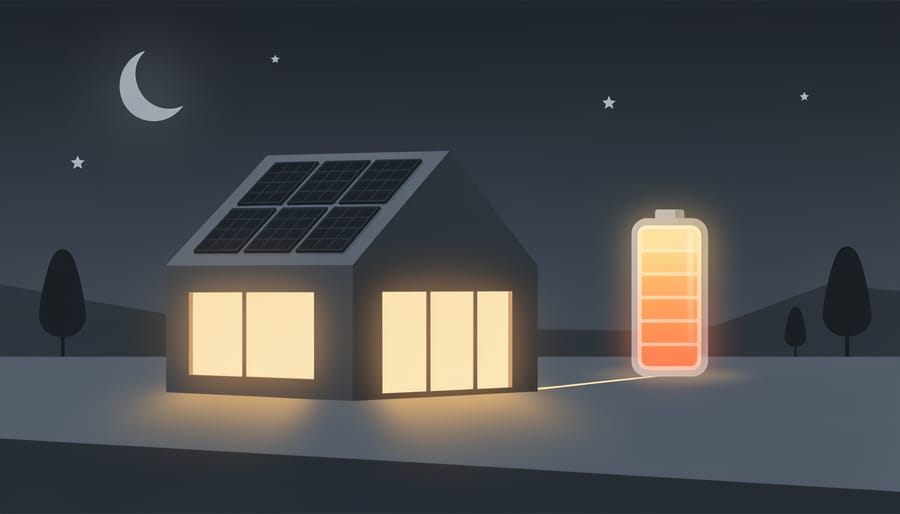 Cozy living room at night with warm lighting suggesting power availability from battery storage