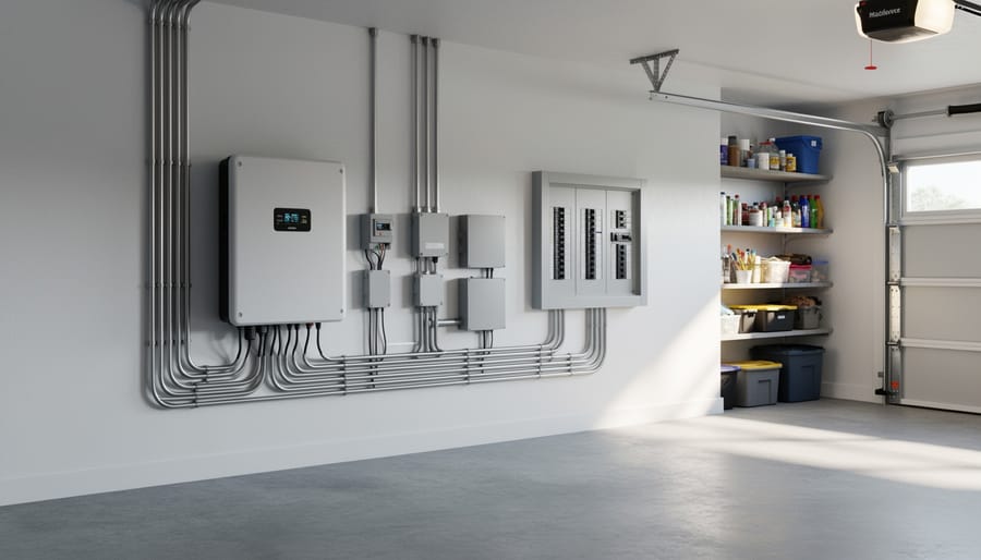 Home owner viewing solar inverter and battery storage equipment inside a clean garage electrical enclosure