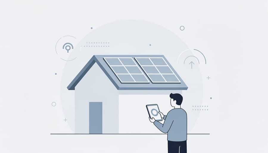 Homeowner monitoring a solar system near residential solar panels with phone held out of view
