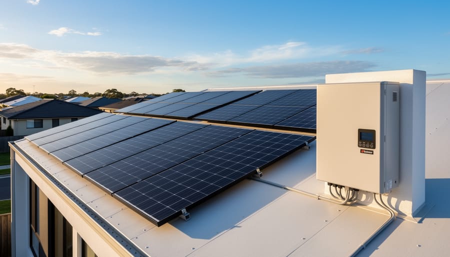 Residential rooftop with solar panels and nearby battery storage equipment in warm golden hour sunlight