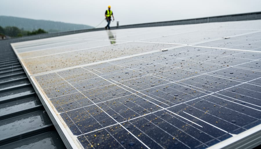 Residential solar panels with raindrops beading on the glass