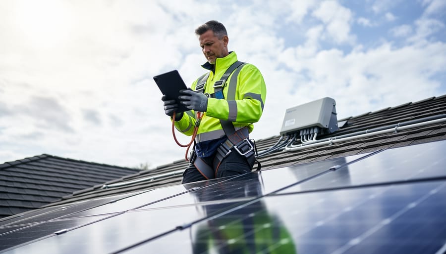 Solar technician inspecting rooftop solar panels while wearing safety harness and using a tablet for system monitoring.