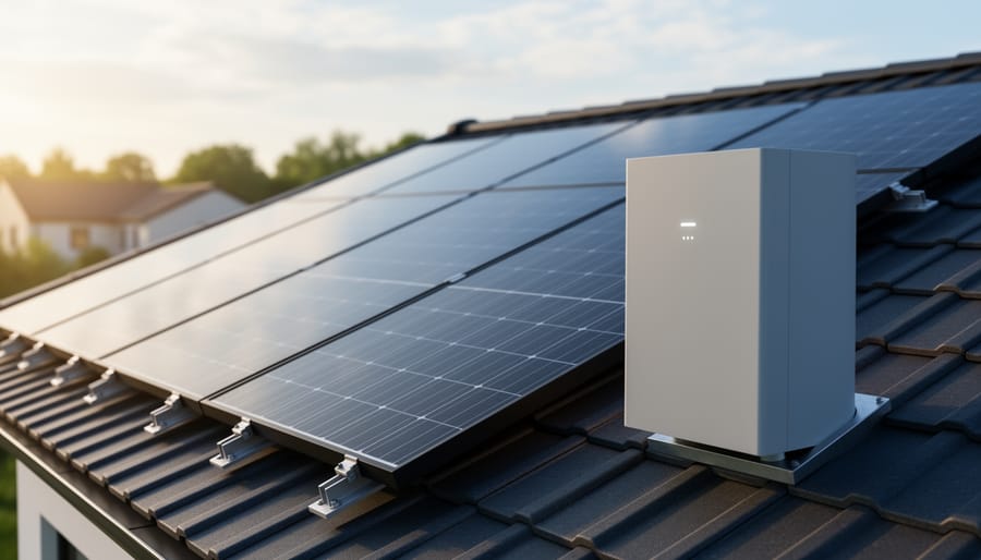 Residential rooftop solar panels with a nearby battery storage unit capturing and storing energy for later use