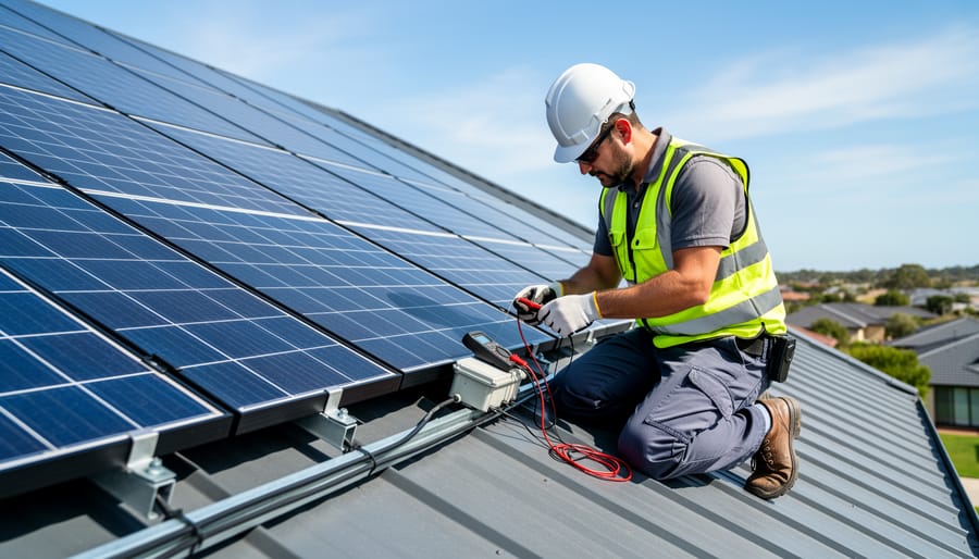 Solar technician inspecting rooftop solar panels with a handheld multimeter