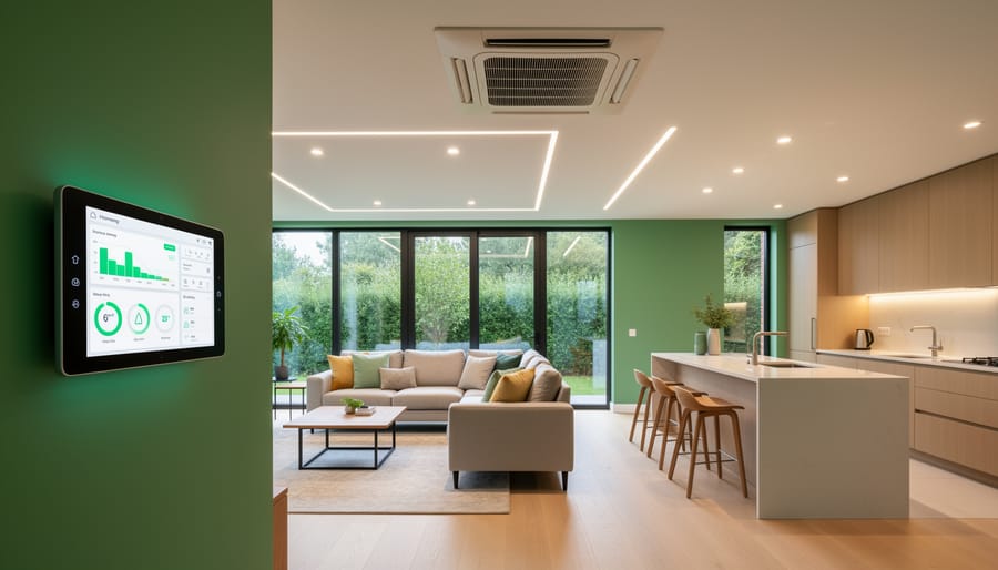 Efficient HVAC equipment and modern LED lighting in a home mechanical room.