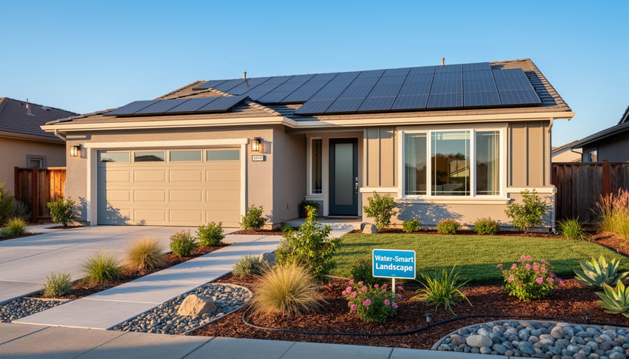 Modern home exterior with rainwater collection barrel, drought-tolerant plants, and visible solar panels.