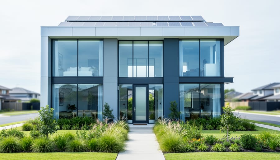 Exterior view of a modern green home with large energy-efficient windows, visible rooftop solar panels, and native plants in the foreground.