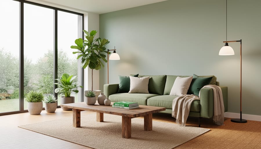 Modern green living room with large windows, natural wood finishes, and indoor plants.