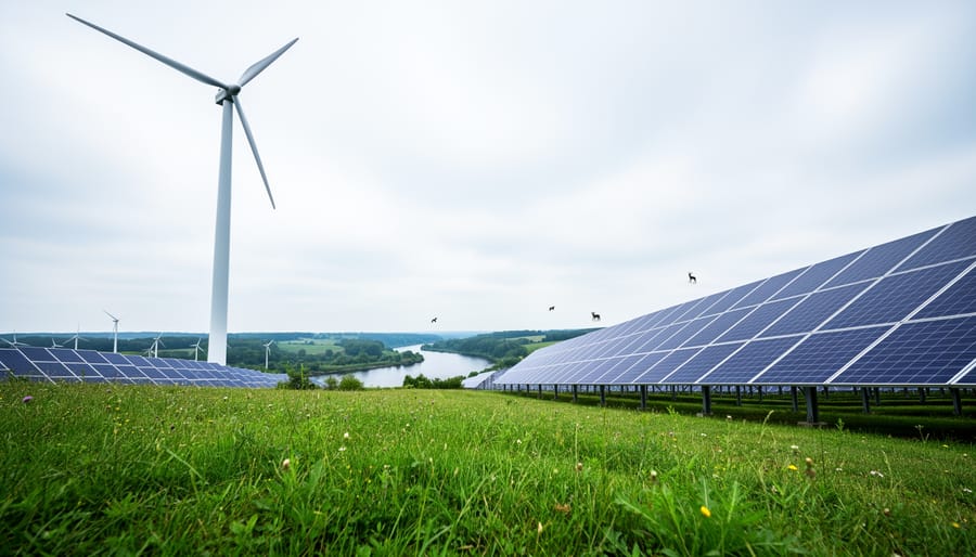 Wind turbine and solar panel field placed in a green landscape under soft natural daylight, with distant river and trees in the background.