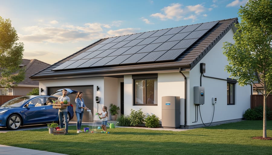 Residential rooftop solar panels with inverter and cabling, photographed from the street at an angle