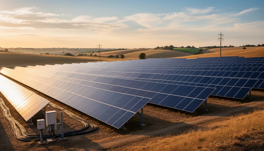 Solar panels in a utility-scale solar farm reflecting golden dusk light