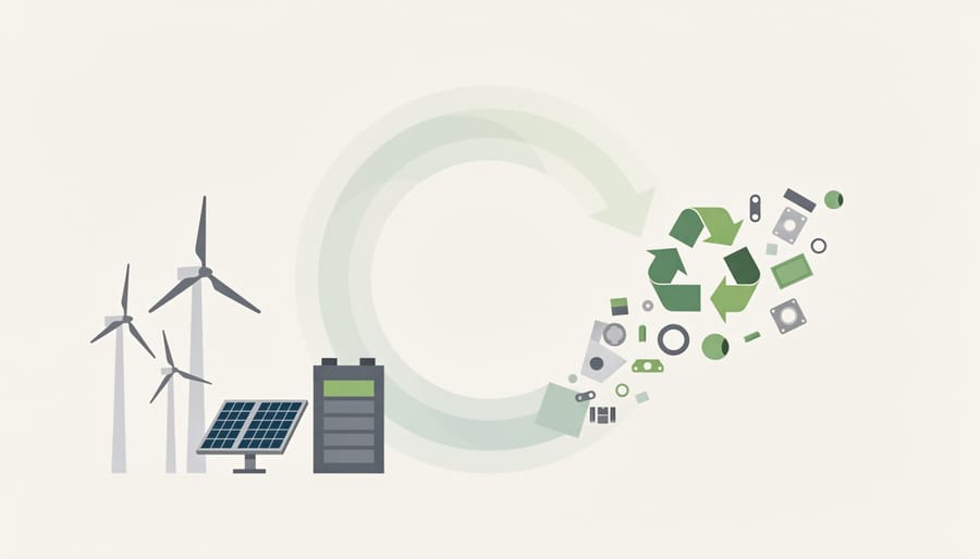 Solar panel components and glass fragments in a recycling yard