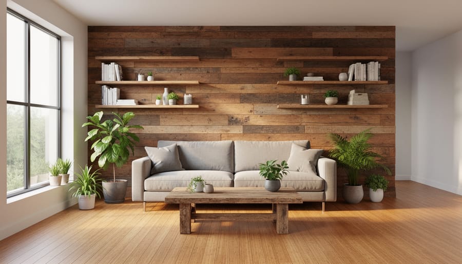 Hands examining sustainable material samples such as reclaimed wood and bamboo flooring in a modern interior setting.