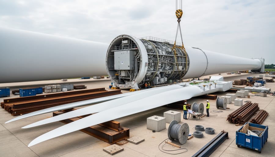 Technicians inspecting a wind turbine blade section inside a factory