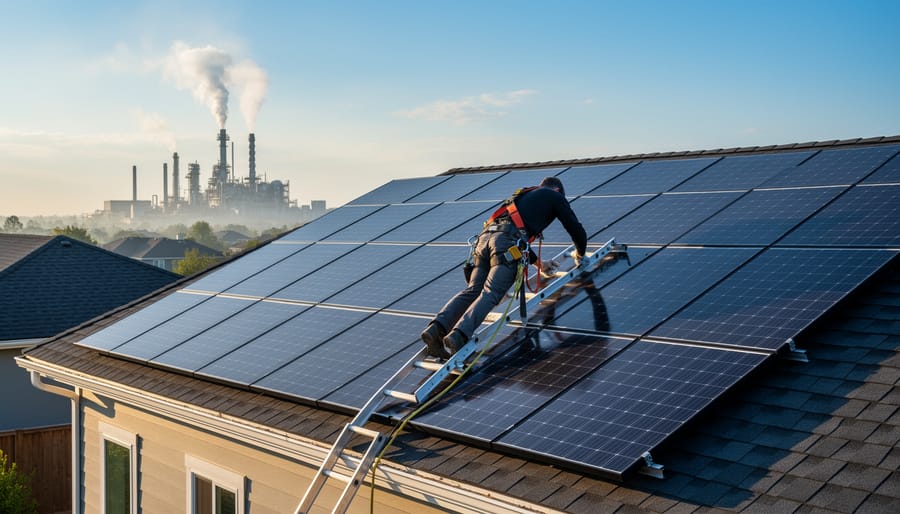 Installer standing on a residential roof next to solar panels in bright daylight