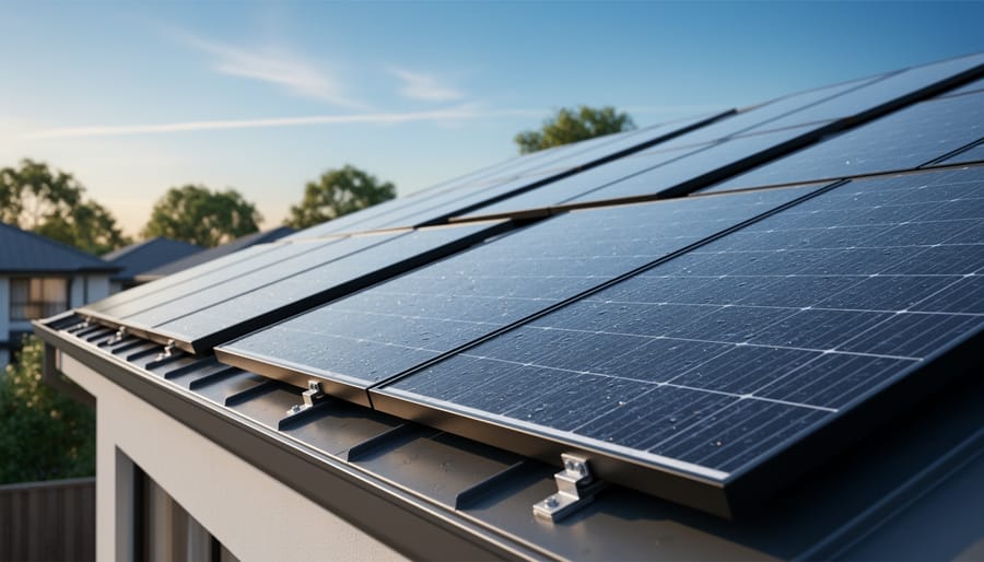 “Solar panels installed on a residential rooftop under soft daylight, representing the carbon footprint concept of solar energy.”