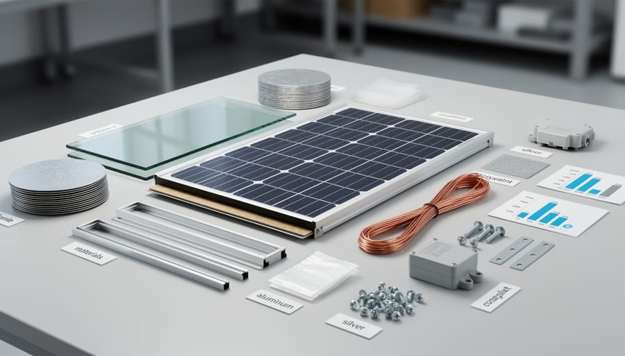 Photograph of silicon wafer fragments and metallic solar-related components on an industrial workbench