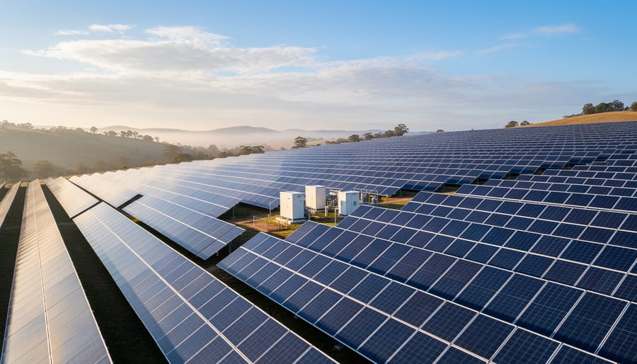 Utility-scale solar farm rows viewed from ground level at sunrise
